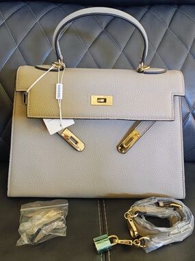 Brand New! Leather Top-Handle Satchel in Taupe with Gold Hardware -
